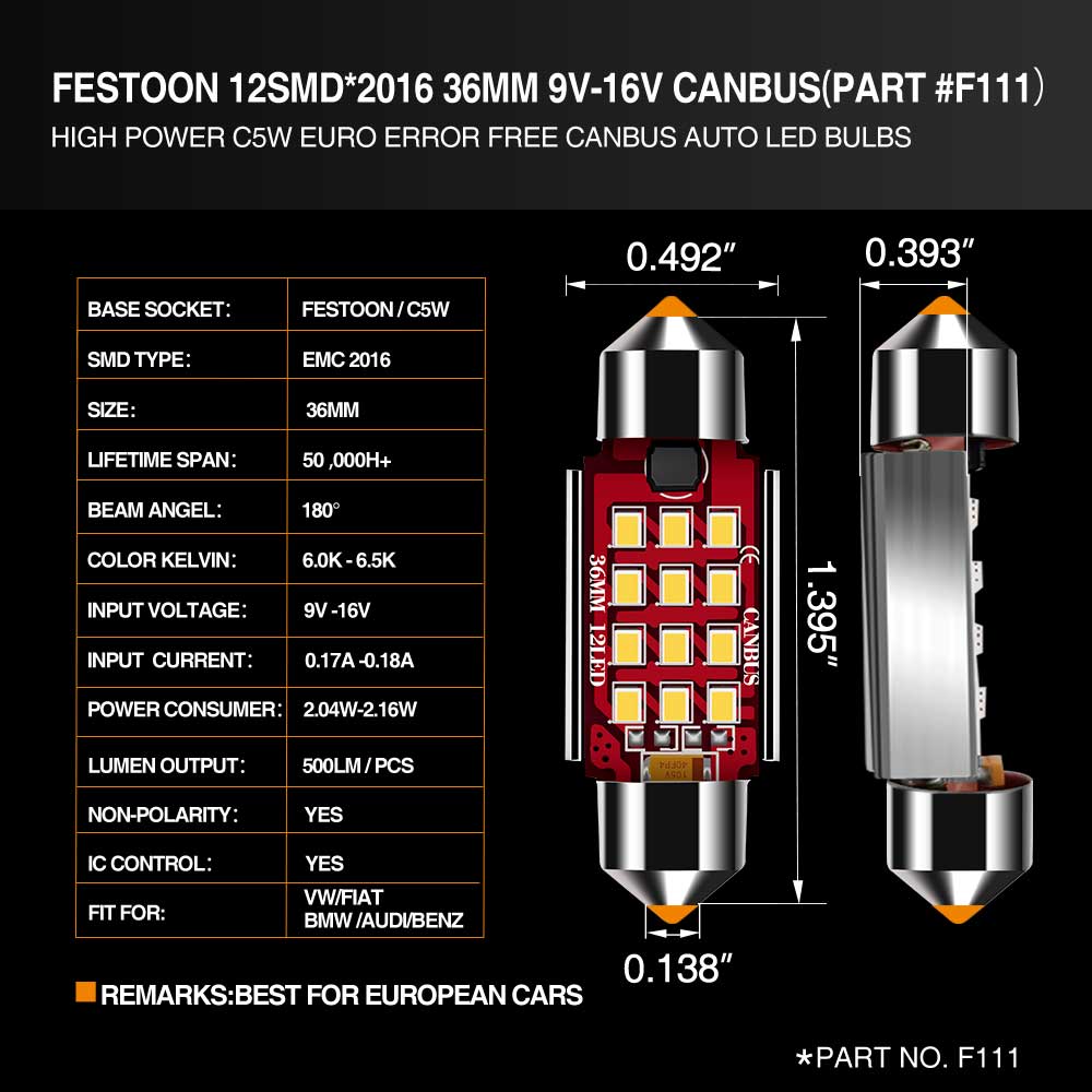 AMiO LED-Zwiebeln Canbus 4014 12SMD GESTOON C5W C10W C3W 36mm Weiß 12V / 24V