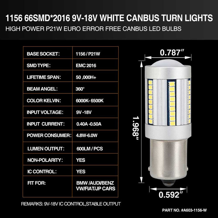 66-SMD 2016 1156 Canbus LED Bulbs For Turn Signal, Tail/Brake Light, Backup/Reverse or Daytime Running Light/DRL