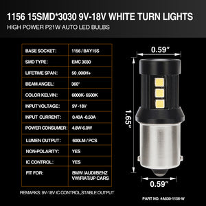 15-SMD 3030 1156  LED Bulbs For Turn Signal, Tail/Brake Light, Backup/Reverse or Daytime Running Light/DRL