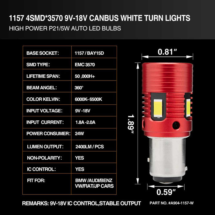 1157 Canbus Free 4-SMD 3570 360-Degree Shine White LED Bulbs For Turn Signal, Tail/Brake Light, Backup/Reverse or Daytime Running Light/DRL