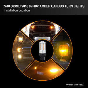 66-SMD 2016 7440 Euro Error Free Canbus LED Bulbs For Turn Signal, Tail/Brake Light, Backup/Reverse or Daytime Running Light/DRL
