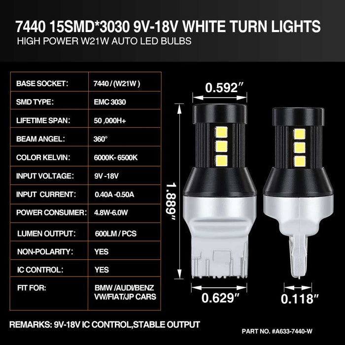 15-SMD 3030 7440  LED Bulbs For Turn Signal, Tail/Brake Light, Backup/Reverse or Daytime Running Light/DRL