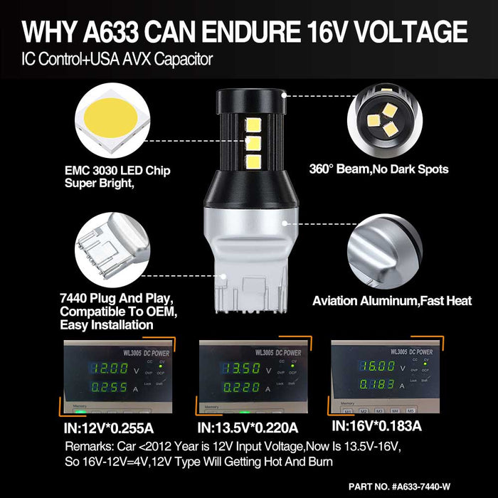 15-SMD 3030 7440  LED Bulbs For Turn Signal, Tail/Brake Light, Backup/Reverse or Daytime Running Light/DRL