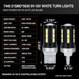 21-SMD 5630 7440  LED Bulbs For Turn Signal, Tail/Brake Light, Backup/Reverse or Daytime Running Light/DRL