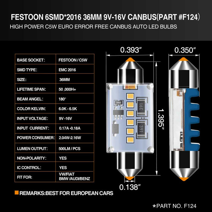 6-SMD 2016 36mm Festoon c5w White Euro Error Free Canbus LED Bulbs For Dashboards,indication solve Canbus errror codes