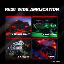 Load image into Gallery viewer, r820 4 pods rock lights wide application,rock lights for trucks,led rock lights,topcity mictuning rock lights,RGBW rock lights,rock lights jeep,best rock lights,best rock lights for trucks,brightest rock lights,rgbw rock lights,rock lights for utv,rock lights for atv,5150 rock lights,rock lights 4x4,rgbw led rock lights,rock led,red rock lights,pure white rock lights,jeep wrangler rock lights,amber rock lights,rock lights for cars,topcity r820 4 pods rgbw led rock lights for turcks jeep atv utv cars