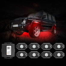 Load image into Gallery viewer, r802 8 pods rock lights,rock lights for trucks,led rock lights,topcity mictuning rock lights,white rock lights,rock lights jeep,best rock lights,best rock lights for trucks,brightest rock lights,rgbw rock lights,rock lights for utv,rock lights for atv,5150 rock lights,rock lights 4x4,rgb led rock lights,rock led,white led rock lights,red rock lights,pure white rock lights,jeep wrangler rock lights,amber rock lights,rock lights for cars,r802 8 pods rgb led rock lights for turcks jeep atv utv cars