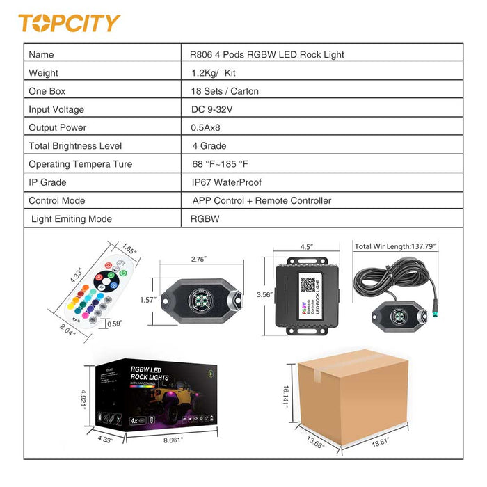 r806 4 pods specifications rock lights,rock lights for trucks,led rock lights,topcity mictuning rock lights,white rock lights,rock lights jeep,best rock lights for trucks,brightest rock lights,rgbw rock lights,rock lights for utv,rock lights for atv,5150 rock lights,rock lights 4x4,rgb led rock lights,rock led,white led rock lights,red rock lights,pure white rock lights,jeep wrangler rock lights,amber rock lights,rock lights for cars,r806 4 pods rgbw led rock lights for turcks jeep atv utv cars