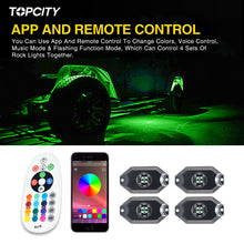 Load image into Gallery viewer, r806 4 pods app control rock lights,rock lights for trucks,led rock lights,topcity mictuning rock lights,white rock lights,rock lights jeep,best rock lights for trucks,brightest rock lights,rgbw rock lights,rock lights for utv,rock lights for atv,5150 rock lights,rock lights 4x4,rgb led rock lights,rock led,white led rock lights,red rock lights,pure white rock lights,jeep wrangler rock lights,amber rock lights,rock lights for cars,r806 4 pods rgbw led rock lights for turcks jeep atv utv cars