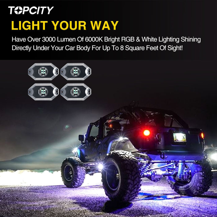 r806 4 pods 3000LM rock lights,rock lights for trucks,led rock lights,topcity mictuning rock lights,white rock lights,rock lights jeep,best rock lights for trucks,brightest rock lights,rgbw rock lights,rock lights for utv,rock lights for atv,5150 rock lights,rock lights 4x4,rgb led rock lights,rock led,white led rock lights,red rock lights,pure white rock lights,jeep wrangler rock lights,amber rock lights,rock lights for cars,r806 4 pods rgbw led rock lights for turcks jeep atv utv cars