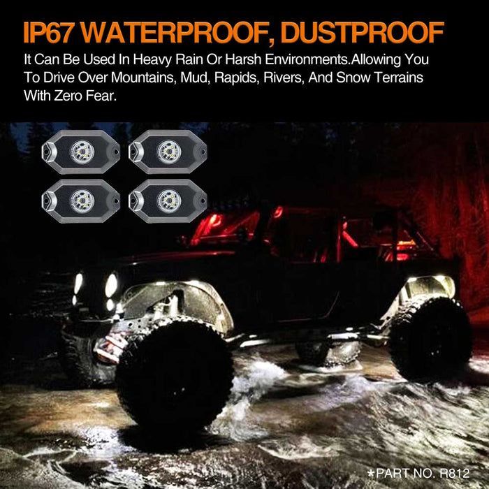 r812 4 pods ip67 waterproof white rock lights,rock lights for trucks,led rock lights,white led rock lights,white rock lights,rock lights jeep,best rock lights,best rock lights for trucks,brightest rock lights,rgbw rock lights,rock lights for utv,rock lights for atv,5150 rock lights,rock lights 4x4,rgb led rock lights,rock led,red rock lights,pure white rock lights,jeep wrangler rock lights,amber rock lights,rock lights for cars,topcity r812 4 pods white led rock lights for turcks jeep atv utv cars