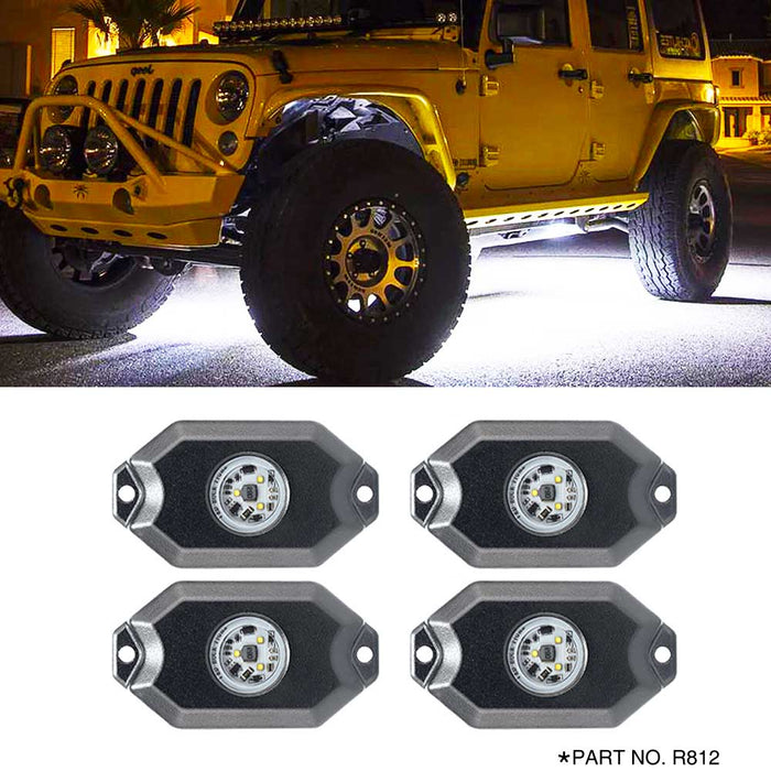 r812 4 pods white rock lights,rock lights for trucks,led rock lights,white led rock lights,white rock lights,rock lights jeep,best rock lights,best rock lights for trucks,brightest rock lights,rgbw rock lights,rock lights for utv,rock lights for atv,5150 rock lights,rock lights 4x4,rgb led rock lights,rock led,red rock lights,pure white rock lights,jeep wrangler rock lights,amber rock lights,rock lights for cars,topcity r812 4 pods white led rock lights for turcks jeep atv utv cars