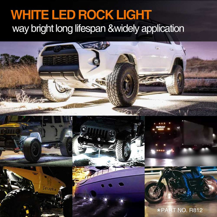 r812 4 pods white rock lights,rock lights for trucks,led rock lights,white led rock lights,white rock lights,rock lights jeep,best rock lights,best rock lights for trucks,brightest rock lights,rgbw rock lights,rock lights for utv,rock lights for atv,5150 rock lights,rock lights 4x4,rgb led rock lights,rock led,red rock lights,pure white rock lights,jeep wrangler rock lights,amber rock lights,rock lights for cars,topcity r812 4 pods white led rock lights for turcks jeep atv utv cars