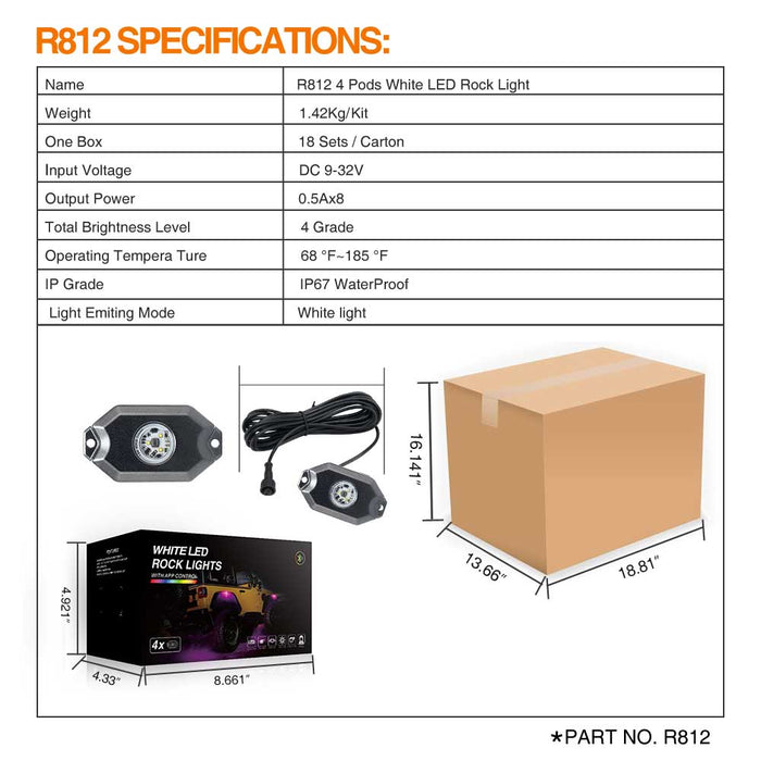 r812 4 pods white rock lights specifications,rock lights for trucks,led rock lights,white led rock lights,white rock lights,rock lights jeep,best rock lights,best rock lights for trucks,brightest rock lights,rgbw rock lights,rock lights for utv,rock lights for atv,5150 rock lights,rock lights 4x4,rgb led rock lights,rock led,red rock lights,pure white rock lights,jeep wrangler rock lights,amber rock lights,rock lights for cars,topcity r812 4 pods white led rock lights for turcks jeep atv utv cars