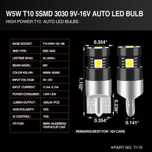 Load image into Gallery viewer, t10 led bulb,w5w bulb,194 led bulb,t10 bulb,w5w led bulb,501 bulb,t10 light bulb,168 led bulb,194 light bulb,501 led bulb,2825 led bulb,194 bulbs,t10 led light bulb,194 led bulb blue,w5w light bulb,t10 wedge led bulb,168 bulbs,158 led bulb,194 light bulb led,168 light bulb led,194 bulb led replacement,t119 t10 168 194 501 w5w 5smd 3030 led bulb manufacturer,exporter